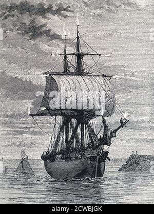 Engraving depicting St Elmo's fire appearing on a sailing ship's mast ...