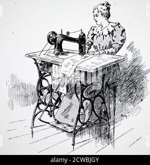 Engraving depicting an electric sewing machine. Stock Photo