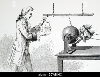 Engraving depicting Andreas Cunaeus using a Leyden Jar in Pieter van Musschenbroek's lab. Stock Photo