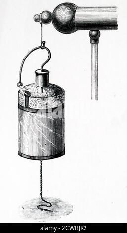 Engraving depicting a Leyden jar attached to a static electric machine discharging and sparking as the machine (out of the picture ) is turned. Stock Photo