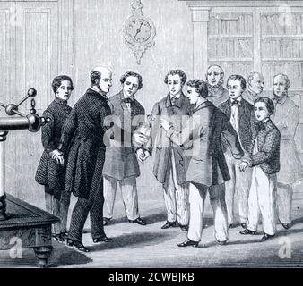 Engraving depicting the process of sending an electric shock through a circle of people. One person holds a charged Leyden jar by the outside coating and the person next to him touches the knob, sending a shock through the whole circle. Stock Photo