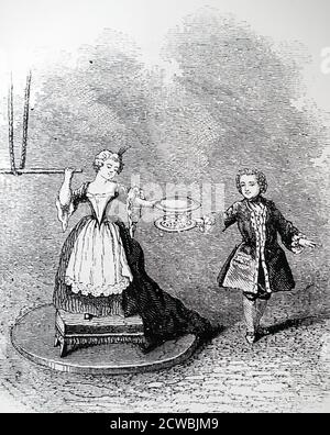 Engraving titled 'Dance of the Puppets' : Girl stands on resin block charged up by a Watson glass-globe electrical machine. In her left hand she holds an inverted metal plate, while the boy stands on the floor holding a similar plate containing pieces of pith. Static charges causes the pith to jump about. Stock Photo