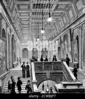 Engraving depicting a staircase lit by Edison and Swan incandescent lamps during the International Electrical Exhibition, Paris. Stock Photo