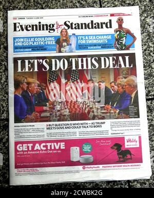 Front page of the Evening Standard, reporting on talks between President Donald Trump and Prime Minister Theresa May during his visit to the United Kingdom. Stock Photo