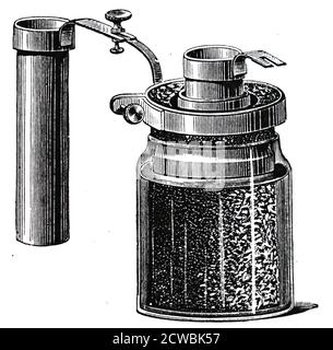 Engraving depicting a Bunsen cell: from which Robert Bunsen obtained his first patent, in which carbon was substituted for Grove's platinum plate Stock Photo