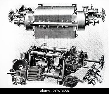 Engraving depicting an electric motor used for driving delivery van built by Milde for the French postal service Stock Photo