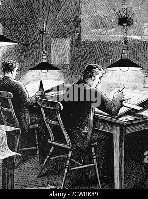 Engraving depicting an engineering classroom at the University of Dundee. The classroom is fitted with Swan incandescent lamps. Stock Photo