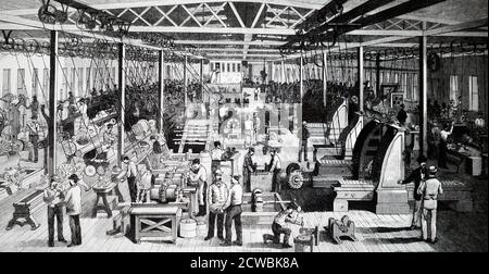 Engraving depicting the machine room at the Brush Electric Works, Cleveland, Ohio. Stock Photo