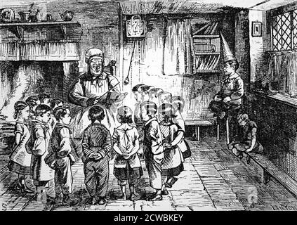 Engraving depicting a 'Dame' school classroom. Illustration for 'The School House' by American poet, James Russell Lowell (1819-1891). Stock Photo