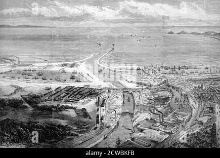 Engraving depicting the East Dock, Swansea, opened by the Prince of Wales on 18th October 1881. The enlarged docks were necessary because of the growth of the iron and coal industries in Wales. Stock Photo