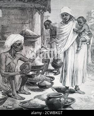 Engraving depicting a Bengali woman buying grain with famine in India impending. Stock Photo