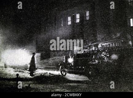 Black and white photo of the exterior view of the fire at the Reichstag, 27 February 1933. Stock Photo
