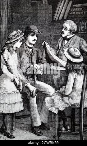 Engraving depicting orphans in a draper's shop. The older brother is buying material for his sister's school frocks. Stock Photo