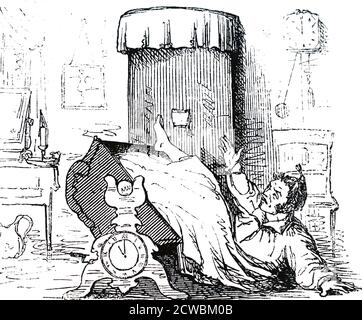 Cartoon depicting the conception of Theodore Jones's registered silent alarm clock bedstead exhibited at the Great Exhibition. According to the Official Catalogue 'The movement of the hand of a common watch will turn anyone out of bed at any given hour when attached to this bedstead' Stock Photo