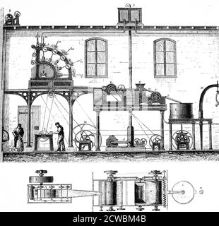 Engraving depicting Woelter's apparatus for producing wood pulp for paper making. Stock Photo