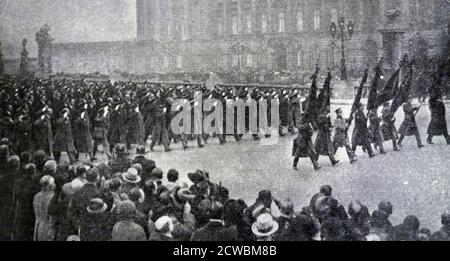 Black and white photo of the funeral of King Albert I of Belgium (1875-1934; King from 1909); procession in front of the Royal Palace in Brussels. Stock Photo