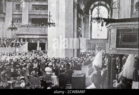 Black and white photo of the celebrations of the Jubilee of King George V of Great Britain (1865-1936; King from 1910 until his death) at St. Paul's Cathedral; ceremony celebrated by the Archbishop of Canterbury, 6 May 1935.