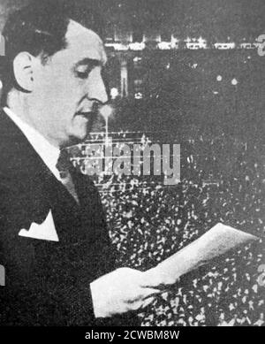 Black and white photo of Antonio de Oliveira Salazar (1889-1970), Prime Minister of Portugal (1932-1968); Salazar giving a speech. Stock Photo