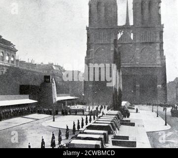 Black and white photograph relating to the wreck of the ship Pourquois-Pas? near Iceland, captained by Jean-Baptiste Charcot (1867-1936); funeral service of Charcot and his companions at Notre Dame in Paris. Pourquoi Pas? IV was the fourth ship built for Jean-Baptiste Charcot, which completed the second Charcot expedition of the Antarctic regions from 1908 to 1910. Charcot died aboard when the ship was wrecked on 16 September 1936, off the coast of Iceland. Of the forty men on board, only one survived. Stock Photo