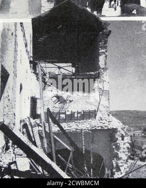 Black and white photograph of the siege of the Alcazar in Toledo during the Spanish Civil War (1936-1939). The Nationalists relieved the Alcazar on 27 September 1936; a corner of the Alcazar after its liberation. Stock Photo