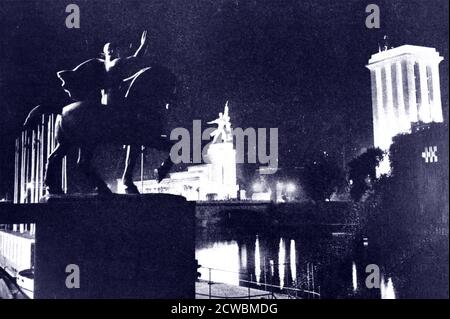 Black and white photographs of the Exposition Universelle (World Fair) in Paris in 1937; the Exhibition at night. To the left is the Russian pavilion and the German one opposite; they seem to be challenging each other. Stock Photo