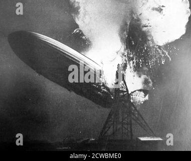 Black and white photograph of the dirigible Hindenburg exploding in the USA on 6 May 1937. Stock Photo