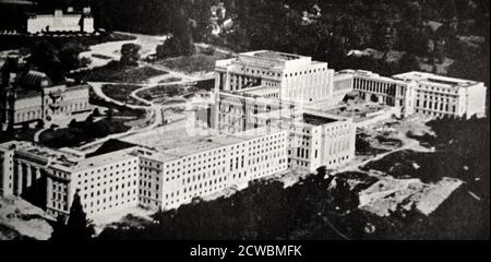 Black and white photograph of the League of Nations building in Geneva, Switzerland. Stock Photo