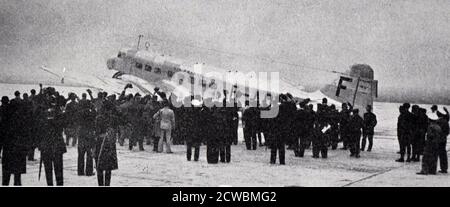 Black and white photo of French Prime Minister Edouard Daladier (1884-1970), taking off in an airplane in Bourget for the Munich Conference. Stock Photo