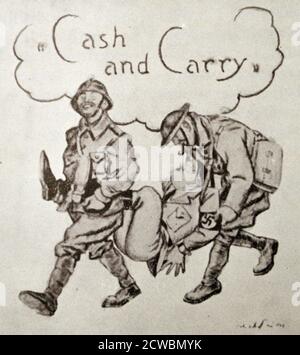 Black and white photograph of World War II (1939-1945); an illustration of two soldiers carrying a third under the slogan 'cash and carry' in reference to the cash and carry law established in 1938. Stock Photo