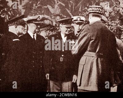 Black and white photograph of World War II (1939-1945); French General Henri Giraud (1879-1949) and American General Dwight D. Eisenhower (1890-1969) in Algiers in 1942. Stock Photo