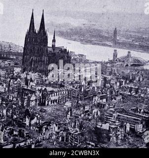 Black and white photograph of World War II (1939-1945) showing the city of Cologne, Germany, in ruins after the Allied bombing of the city on 31 October 1944. Stock Photo