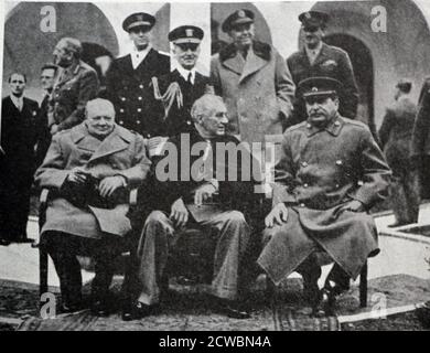 Black and white photograph of World War II (1939-1945) showing three leaders seated at the Yalta Conference, which took place 4-12 February 1945: British Prime Minister Sir Winston Churchill (1874-1965), US President Franklin D. Roosevelt (1882-1945) and Soviet leader Josef Stalin (1878-1953). Stock Photo