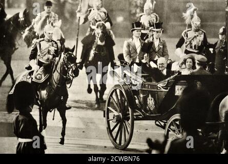 Black and white photograph French President Vincent Auriol (1884-1966) visiting the UK riding in a carriage in London. Stock Photo