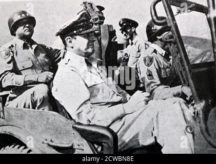 Black and white photograph of the Korean War (1950-1953); US General Douglas MacArthur (1880-1964) in his jeep. Stock Photo