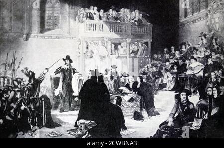 Illustration depicting the High Court of Justice established by the Rump Parliament to try Charles I, King of England, Scotland and Ireland. This was an ad hoc tribunal created specifically for the purpose of trying the king, although the name was used for subsequent courts. Stock Photo