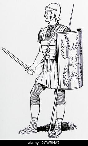 Illustration depicting a Roman legionary or infantryman of the Roman army. These soldiers would conquer and defend the territories of the Roman Empire during the late Republic and Principate eras, alongside auxiliary and cavalry detachments. At its height, Roman legionaries were viewed as the foremost fighting force in the Roman world Stock Photo