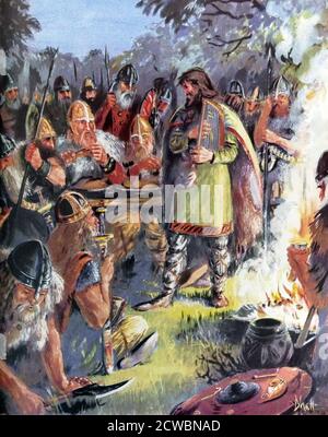 Illustration depicting King Alfred the Great, disguised as a Musician, viewing the Situation of the Enemy in the Danish Camp, previous to his defeating them on the borders of Hampshire. Alfred the Great (between 847 and 849 - 899) was King of Wessex from 871 to c.  886 and King of the Anglo-Saxons from c.  886 to 899 Stock Photo