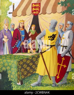 Illustration depicting King John signing the Magna Carta Libertatum (Great Charter of the Liberties'), commonly called Magna Carta it is a charter of rights agreed to by King John of England at Runnymede, near Windsor, on 15 June 1215 Stock Photo