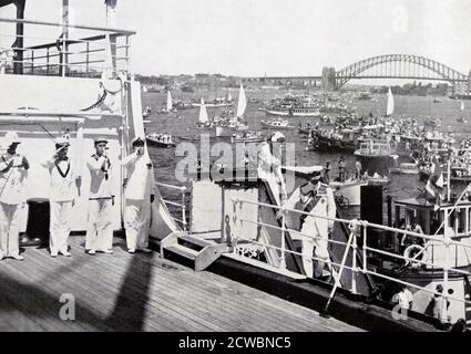 The Duke of Edinburgh followed by Queen Elizabeth II arrives in Sydney Australia in February 1954 Stock Photo