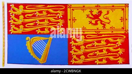 Illustration showing the Royal Standard used in England, Northern Ireland, Wales, and in overseas territories, The Royal Standard of the United Kingdom is flown when the Queen is in residence in one of the royal palaces and on her car, ship or aeroplane. It may be flown on any building, official or private, during a visit by the Queen Stock Photo