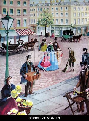 Illustration showing a Victorian London street scene. An organ grinder, crossing sweeper and flower seller are shown. Stock Photo