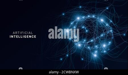 AI. Digital brain shaped with blue neural connection lines and glowing dots Stock Photo