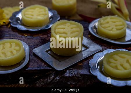 A dish of Delicious Thai Traditional Dessert called Thua Kwan (Mung Bean Cookies), Oblique view from the top. Stock Photo
