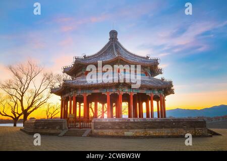 Beijing, China - Jan 13 2020: Kuoru Pavilion at the Summer Palace,  Situated in the middle of the eastern dam east of the 17 Arch Bridge that links to Stock Photo