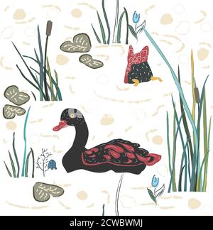 Duck Bird Seamless Pattern. Ducks on the lake. Vector Illustration Stock Vector
