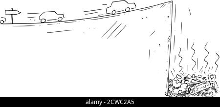 Vector cartoon drawing conceptual illustration of cars moving fast following the road sign but falling down off cliff. Concept of dead end technology, ecology, planning, strategy or obstacles in way. Stock Vector
