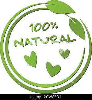 round green 100 percent natural label with leaf and heart shape vector illustration Stock Vector