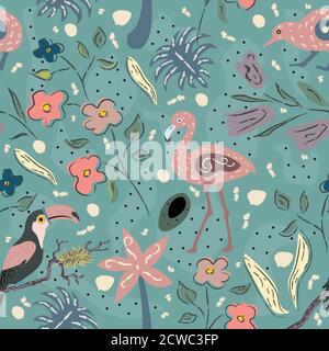 Flamingo, Toucan and kiwi bird. Exotic Bird Seamless Pattern. Vector illustration Stock Vector