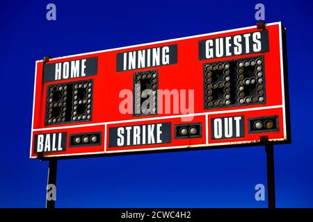 Baseball scoreboard with details of score ball strike innings Stock Photo