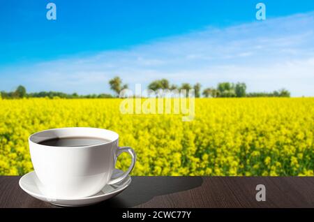 Cup of coffee on the table with view of field with yellow flowers and blue sky in Latvia Stock Photo